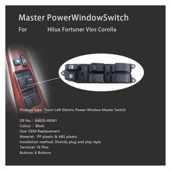 RHD Power Window Master Switch 84820-12470 84820-12480 Compatible with Toyota Corolla NZE120 ZZE121 ZZE122